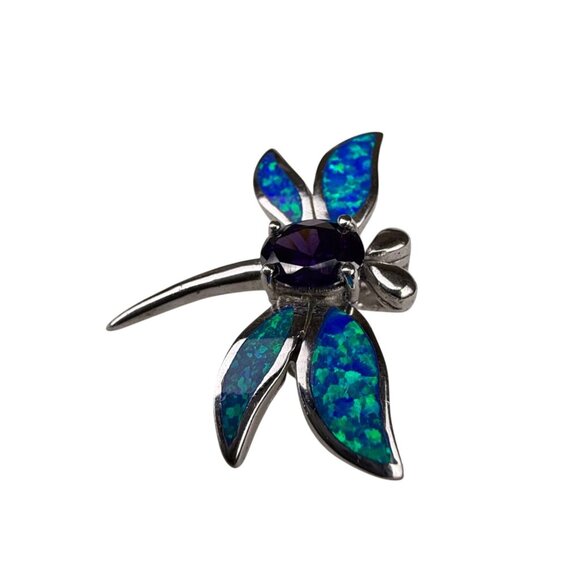 Sterling Silver Dragonfly Pin Brooch With Inlaid Blue Green Opal & Purple Stone - Picture 1 of 7